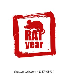 Red animal rat in japanese grunge calligraphy brush stamp. Symbol of chinese new year 2020. Little smile mouse icon with china lettering. Traditional Japan pattern