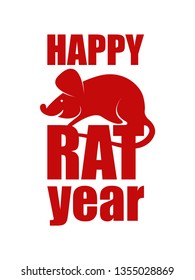 Red animal rat on red calligraphy font. Symbol of chinese happy new year 2020. Little smile mouse icon with lettering. Greeting card, poster, banner, flyer template