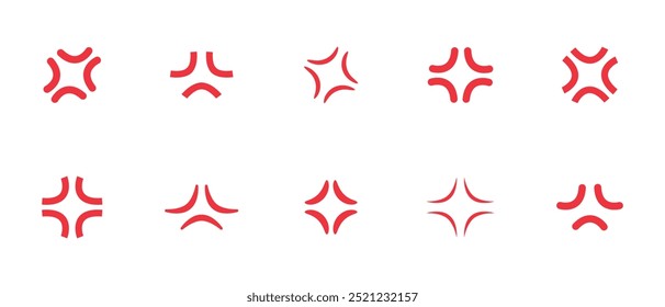 Red anime anger symbol collection. Angry manga manpu icon set. Cross popping veins. Vector illustration