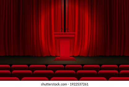 red announcement podium and red curtain on the stage
