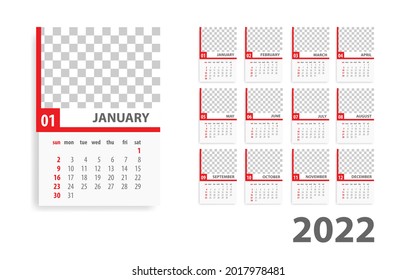 Red annual desk monthly calendar template for 2022 year. Vector schedule daily planner 2022 year. Modern english simple calendar with date.