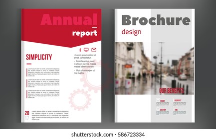 Red annual report, brochure cover design template vector, Leaflet cover presentation with abstract blured city background, A4 size layout.