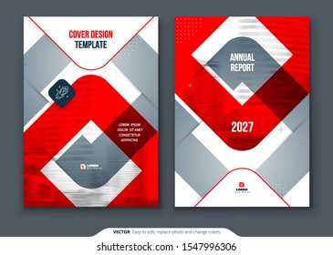 Red Annual Report Design. A4 Cover Template for Brochure, Report, Catalog, Magazine. Layout with Bright Color Shapes and Abstract Photo on Background. Modern Annual Report concept