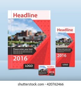 Red annual report with the pattern brochure flyer and business card design template