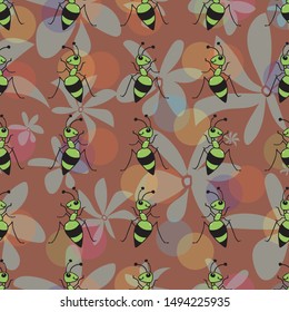 Red Ant Cartoon vector seamless pattern on white background green ant