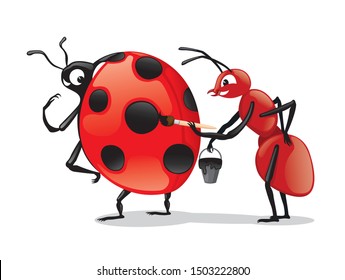 Red ant draws a black circle on the back of a ladybug.