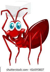 Red ant holding cube of sugar illustration