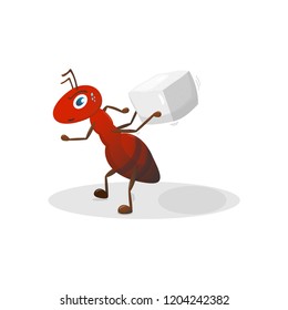 Red Ant picking up a heavy sugar cube, Cartoon character.