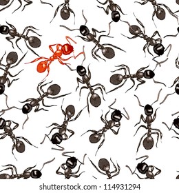 Red ant surrounded by black ants. Vector illustration.