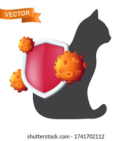 The red antibacterial shield protects against germs or virus cells on the cat animal silhouette. Protective bacterial and virus defense concept vector icon of domestic pet isolated on white background