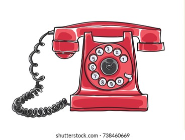red Antique Rotary Dial Telephone hand drawn vector art illustration