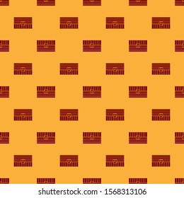 Red Antique treasure chest icon isolated seamless pattern on brown background. Vintage wooden chest with golden coin.  Vector Illustration