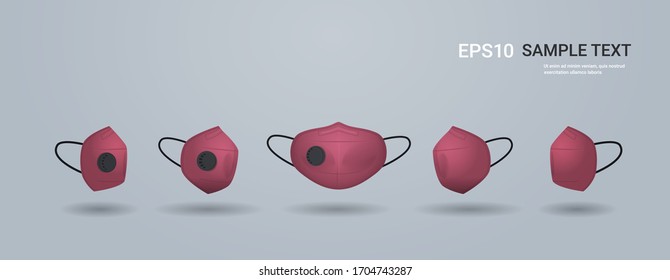 red antiviral medical face mask protection against coronavirus prevention of virus spreading pandemic covid-19 view from different angles copy space horizontal vector illustration