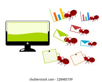 Red ants and computer in busy and hard work concept illustration