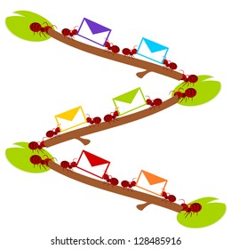 Red ants and a lot of e-mail in teamwork power concept illustration