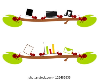 Red ants entertainment and work in teamwork concept illustration