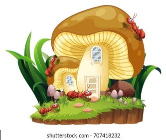 Red ants and mushroom house in garden illustration
