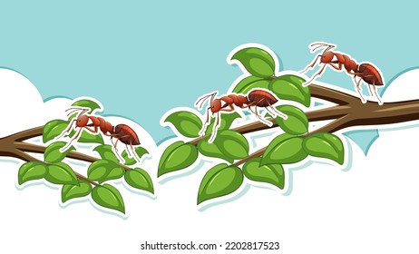 Ilustración de hormigas rojas en ramas de árboles