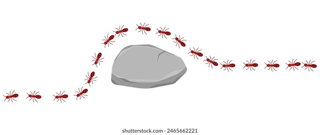 Red ants walk across rock on a white background, vector illustration.