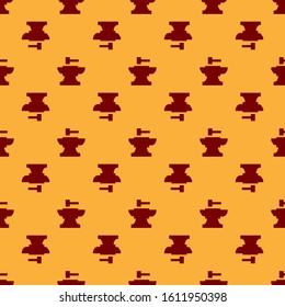 Red Anvil for blacksmithing and hammer icon isolated seamless pattern on brown background. Metal forging. Forge tool.  Vector Illustration