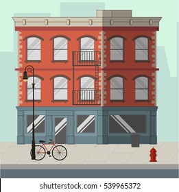 Red apartment building with a shop in the ground floor. Flat vector illustration.