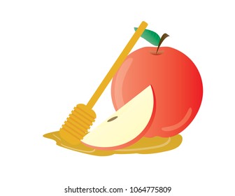 Red apple, apples slice, honey and wooden dipper on White background