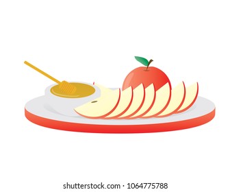 Red apple, apples slices and honey on White and red plate