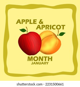 Ein roter Apfel mit Aprikose mit fett gedrucktem Text in Rahmen auf hellgelbem Hintergrund zum Feiern von Apple und Apricot Month am Januar