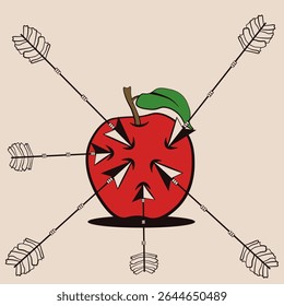 Red apple and arrows. Vector illustration of realistic red apple and doodle arrow. Arrows and target. Perfect t-shirt print room interior wall poster card banner cover template design. EPS 10