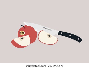 Una manzana roja cortada hábilmente en trozos y rodajas usando un cuchillo afilado