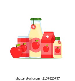 Bebida de manzana roja en lata, copa de plástico y copa de vidrio aislada de fondo blanco, jugo y smoothie