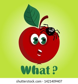 Red apple with black spider. Animated fruit and arthropod.