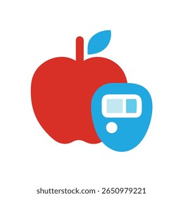 A red apple and a blue digital calorie counter are depicted, symbolizing healthy eating, diet tracking, and mindful calorie consumption for weight management.