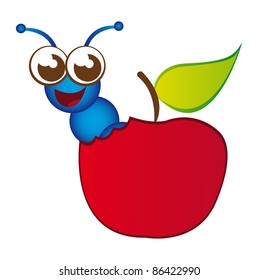 red apple and blue worm cartoon isolated over white background. vector