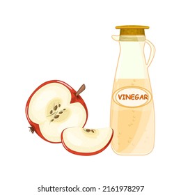 Red apple and bottle of vinegar. Fruit cider vinegar in glass pitcher. Ingredients for cooking, baking, salad dressing and preservation. Flavoring balmy essence jug. Condiment and food dressing.Vector