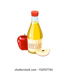 Red apple and bottle of vinegar. Vector illustration cartoon flat icon isolated on white.