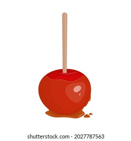 manzana roja en caramelo sobre palo. Trato festivo. Ilustración vectorial.