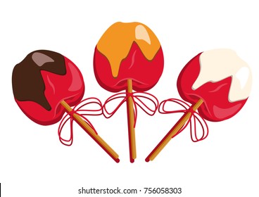 Red apple in caramel and sweet sprinkles with stick in it. Simple vector illustration on white background.