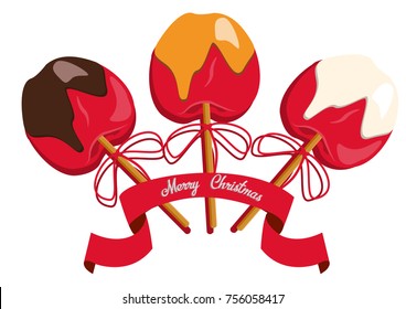 Red apple in caramel and sweet sprinkles with stick in it. Simple vector illustration on white background.