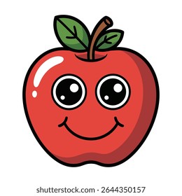 A red apple cartoon character with large, expressive eyes and a wide smile Two green leaves sit atop the apple's stem The style is simple and cheerful