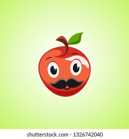 
Red apple cartoon character with a mustache. Cute laughing apple icon isolated on green background. Vector illustration EPS 10.