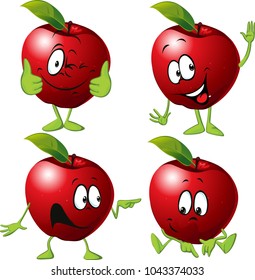 Red apple cartoon with face and hand gesture - vector illustration