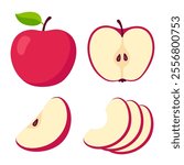Red apple cartoon set. Cross section of cut apple, slices and whole fruit, isolated vector illustration.