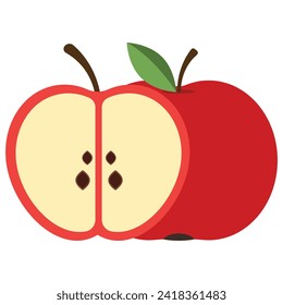 Red apple cartoon set. Cross section of cut apple, slices and whole fruit, isolated vector illustration 10 eps.