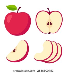 Red apple cartoon set. Cross section of cut apple, slices and whole fruit, isolated vector illustration.