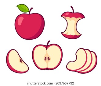 Red Apple Cartoon Set. Whole Fruit And Core, Cross Section Of Cut Apple, Slices. Isolated Vector Clip Art Illustration.