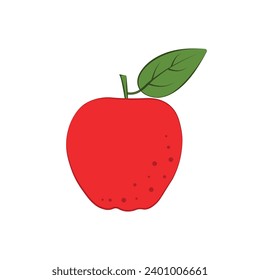 A red apple in a cartoon style. An image of a red ripe apple with a green leaf. Ripe juicy fruit. Vector illustration isolated on a white background