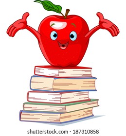 Red apple character on pile of books