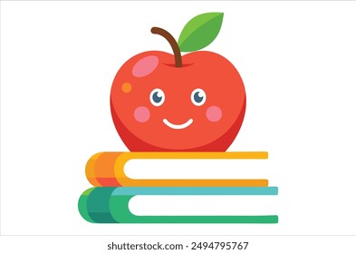 Red apple character on pile of books, apple cartoon, apple vector