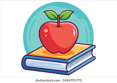 Red apple character on pile of books, apple cartoon, apple vector